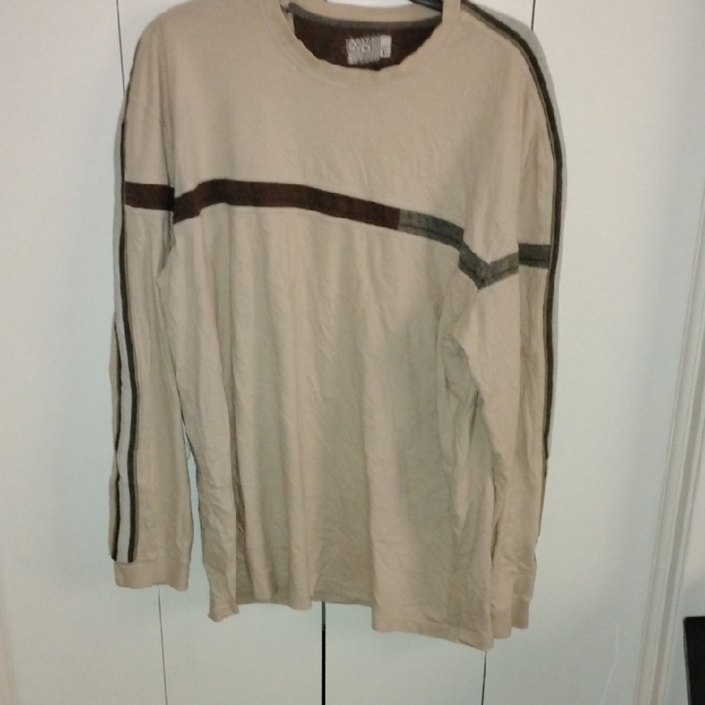 Beige Long-Sleeve Crewneck Shirt with Contrast Stripes